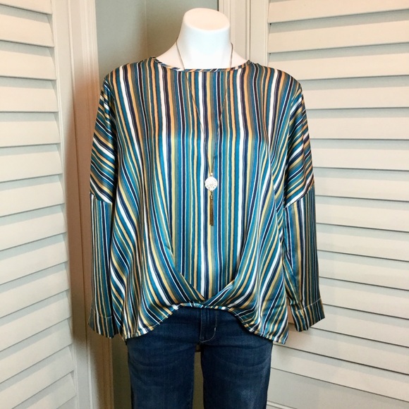 Umgee Teal Satin Hi Low Striped Top, S-M - Picture 1 of 8
